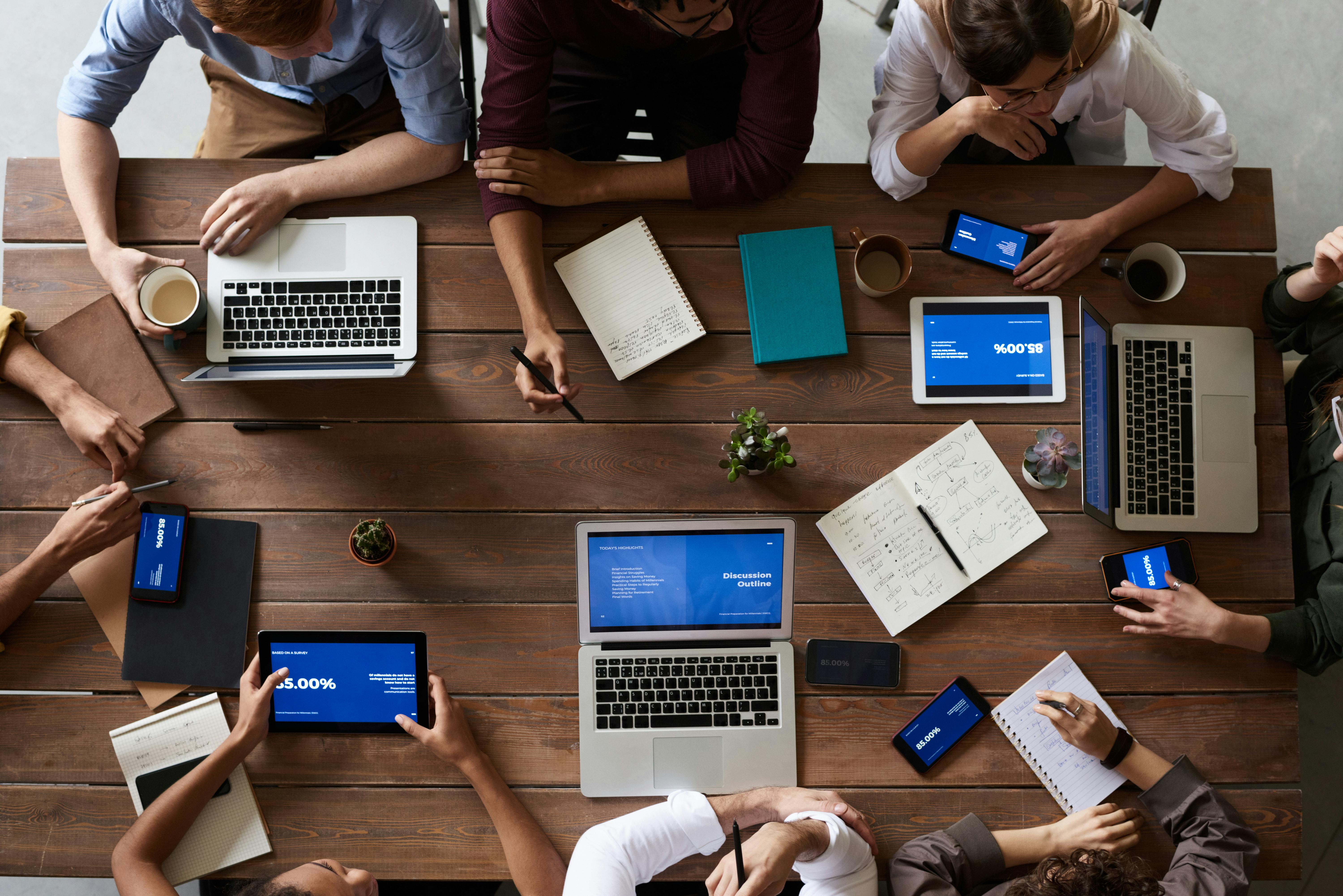 Overhead view of a diverse team in a business meeting